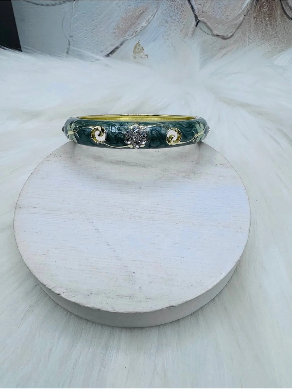 Gold-Tone Green Enamel Floral Crystal Bangle Bracelet
